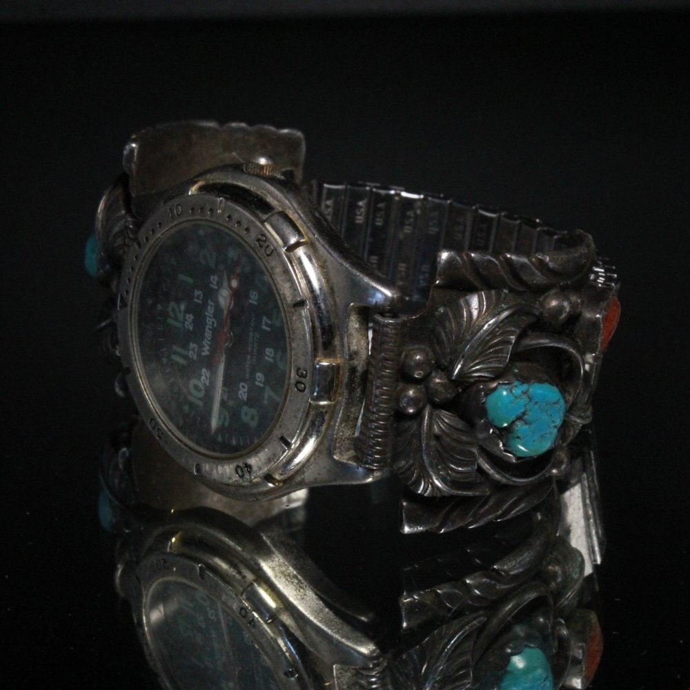 FANTASTIC STERLING SILVER NAVAJO MARKED W TURQUOISE CORAL WATCH TIPS